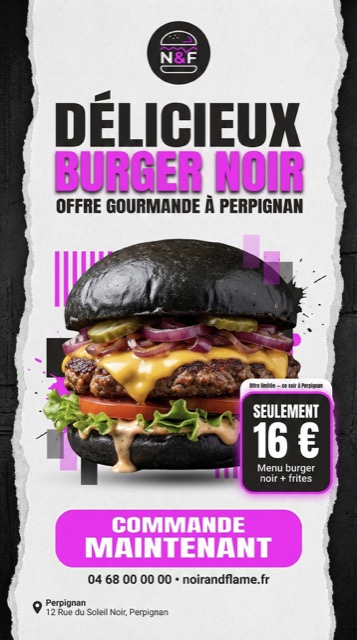 Flyer Burger noir — format vertical — Restauration