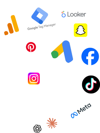 Google Analytics, Google Tag Manager, Looker, Snapchat, Pinterest, Google Ads, Facebook, Instagram, TikTok, Meta et outils IA