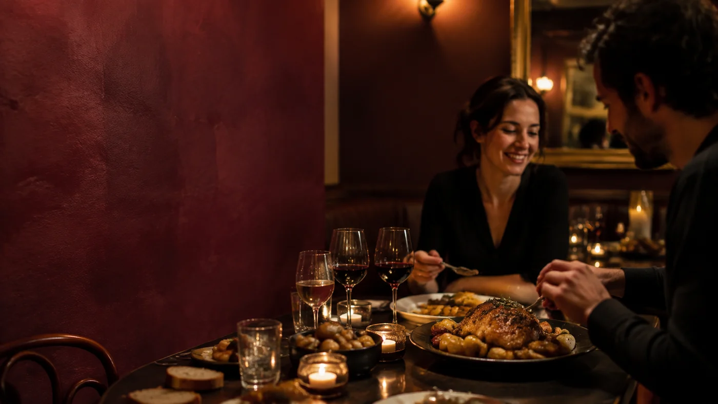 Deux clients partagent un repas dans un restaurant chaleureux