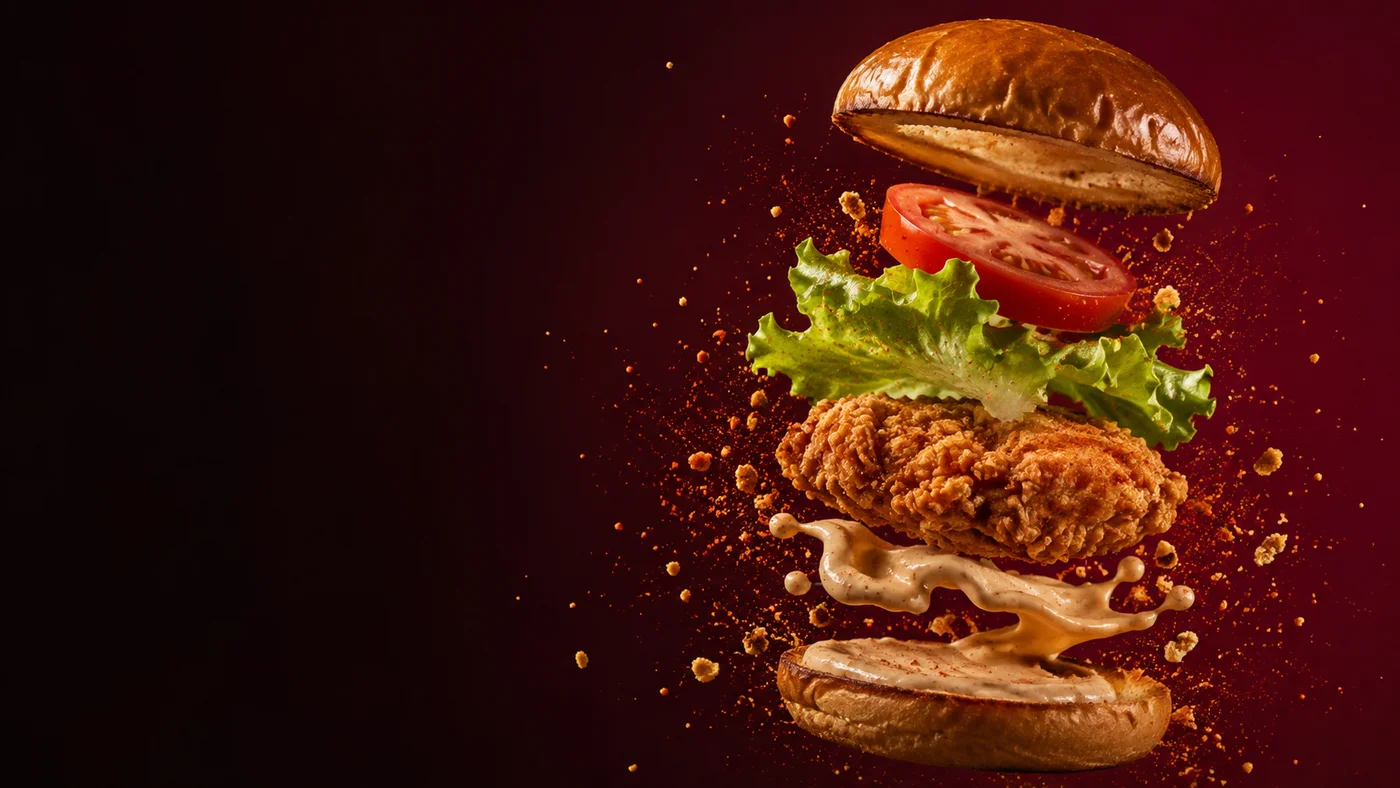 Ingrédients d’un burger croustillant en suspension