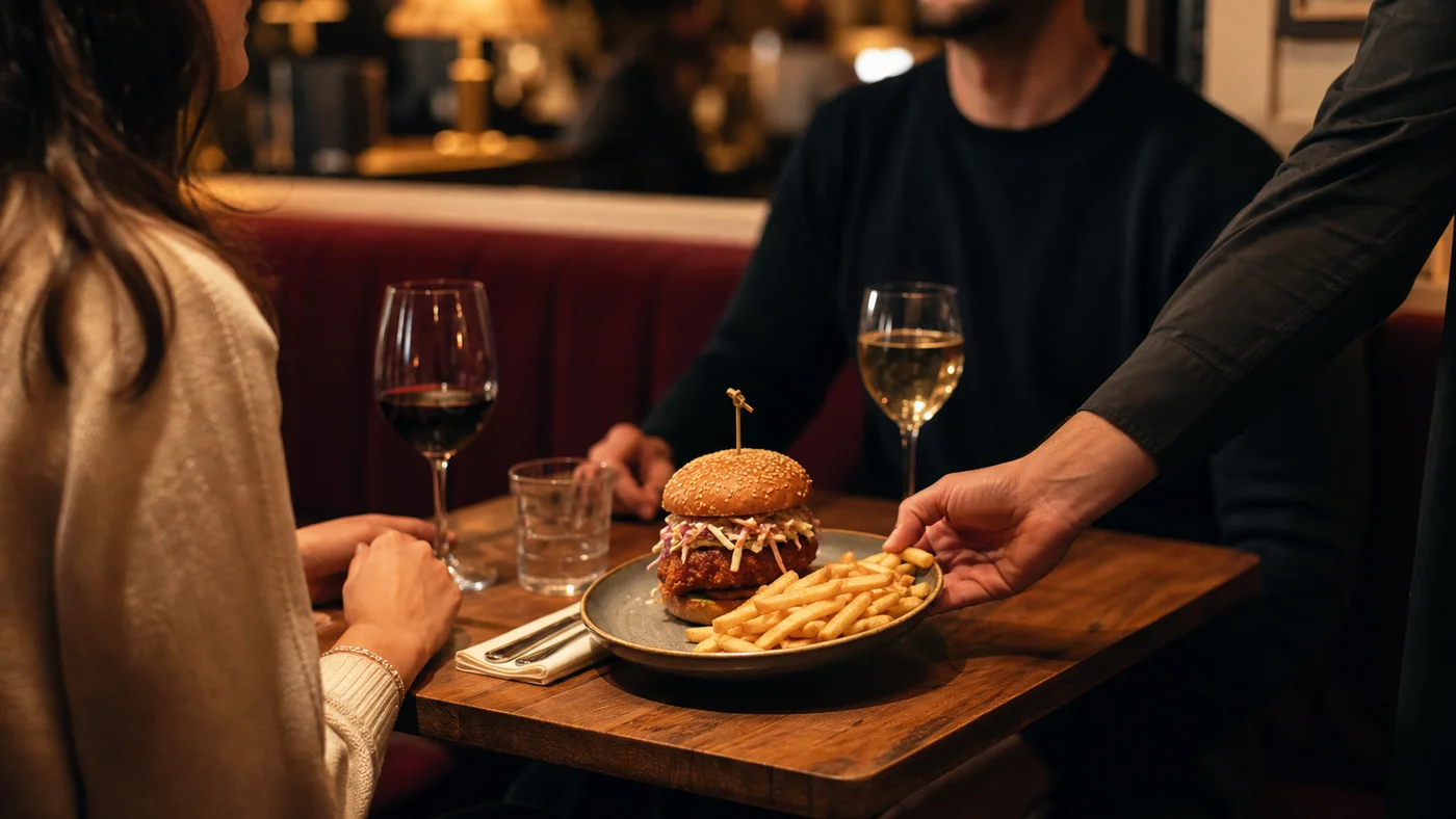 Service d’un burger à une table de bistrot